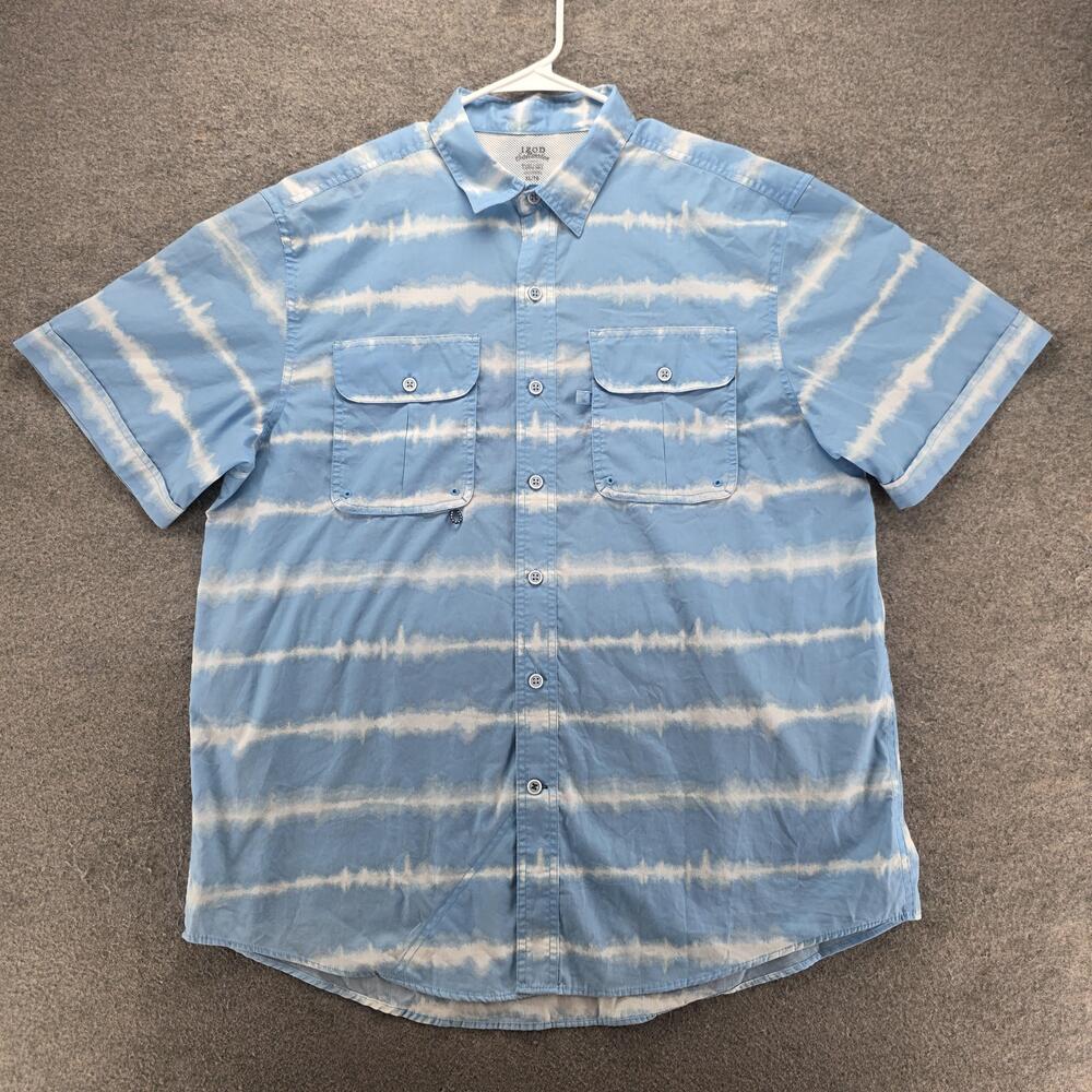 IZOD Saltwater Shirt Mens XL Blue Striped Short Sleeve Button Up Relaxed